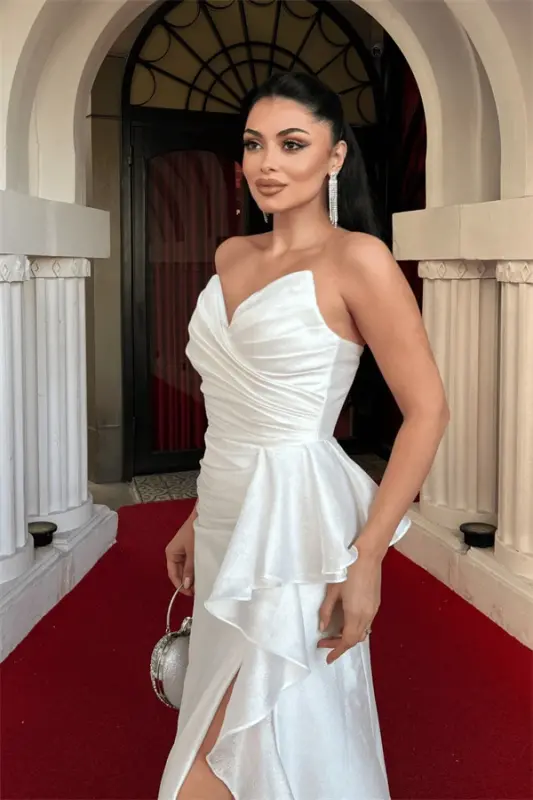 Органза Атласная Ткань Платье с Завязками на Спине - БЕЛЫЙ - 3