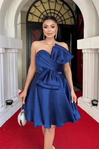 Органза Атласное Платье с Бантом - ТЕМНО-СИНИЙ - 3