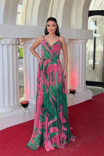 Organza Chiffon Fabric Patterned Maxi Dress - GREEN - 1