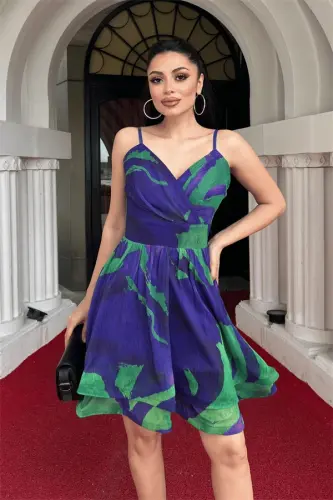 Organza Chiffon Fabric Patterned Mini Dress - PURPLE - 3