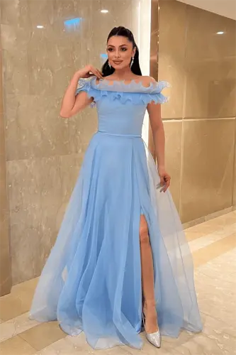 Organza Chiffon Fabric Ruffle Detailed Evening Dress - BABY BLUE - BÜYÜKBEDENIZ (1)
