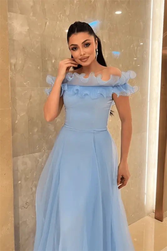 Organza Chiffon Fabric Ruffle Detailed Evening Dress - BABY BLUE - 4