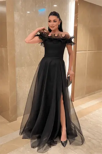 Organza Chiffon Fabric Ruffle Detailed Evening Dress - BLACK - BÜYÜKBEDENIZ (1)