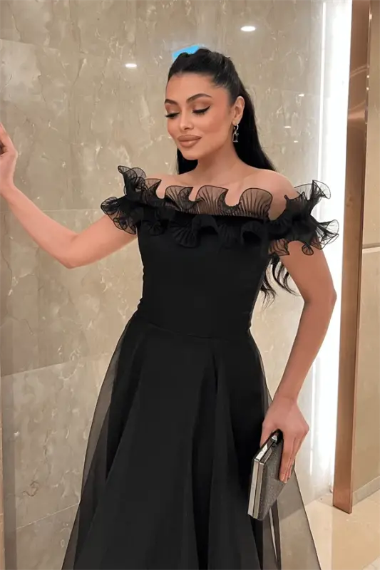 Organza Chiffon Fabric Ruffle Detailed Evening Dress - BLACK - 3