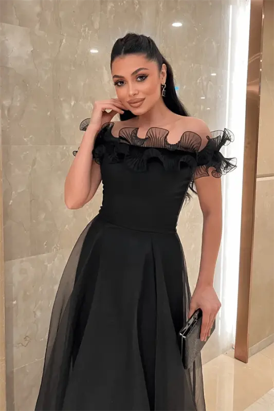 Organza Chiffon Fabric Ruffle Detailed Evening Dress - BLACK - 4