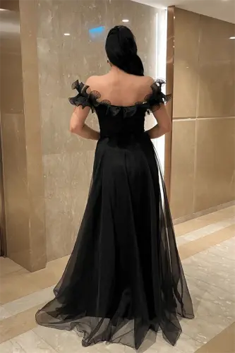 Organza Chiffon Fabric Ruffle Detailed Evening Dress - BLACK - 5