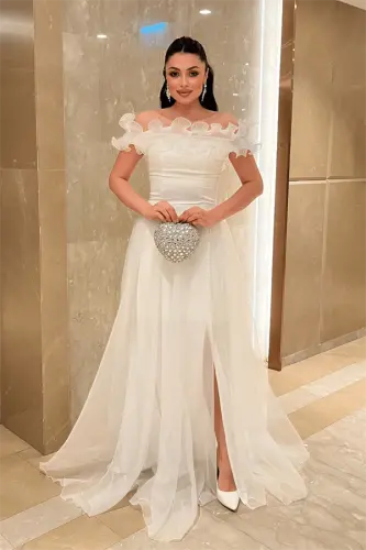 Organza Chiffon Fabric Ruffle Detailed Evening Dress - WHITE - 1