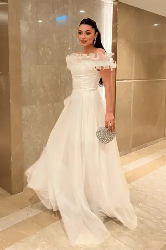 Organza Chiffon Fabric Ruffle Detailed Evening Dress - WHITE - BÜYÜKBEDENIZ (1)