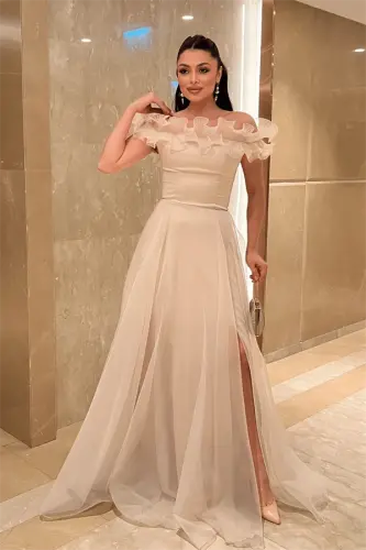 Organza Chiffon Fabric Ruffled Detailed Evening Dress - BEIGE - BÜYÜKBEDENIZ (1)