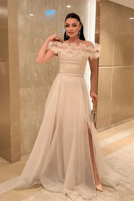 Organza Chiffon Fabric Ruffled Detailed Evening Dress - BEIGE - 2