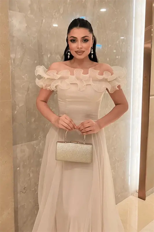 Organza Chiffon Fabric Ruffled Detailed Evening Dress - BEIGE - 3