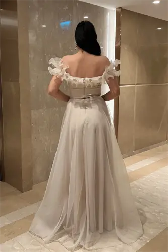 Organza Chiffon Fabric Ruffled Detailed Evening Dress - BEIGE - 5