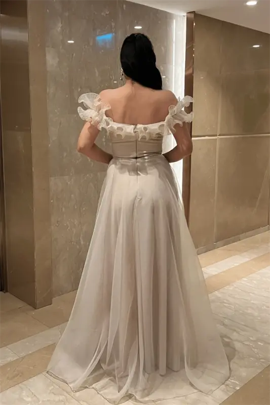 Organza Chiffon Fabric Ruffled Detailed Evening Dress - BEIGE - 5