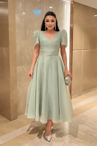 Organza Chiffon Fabric Short Sleeve Midi Dress - MINT GREEN - 1