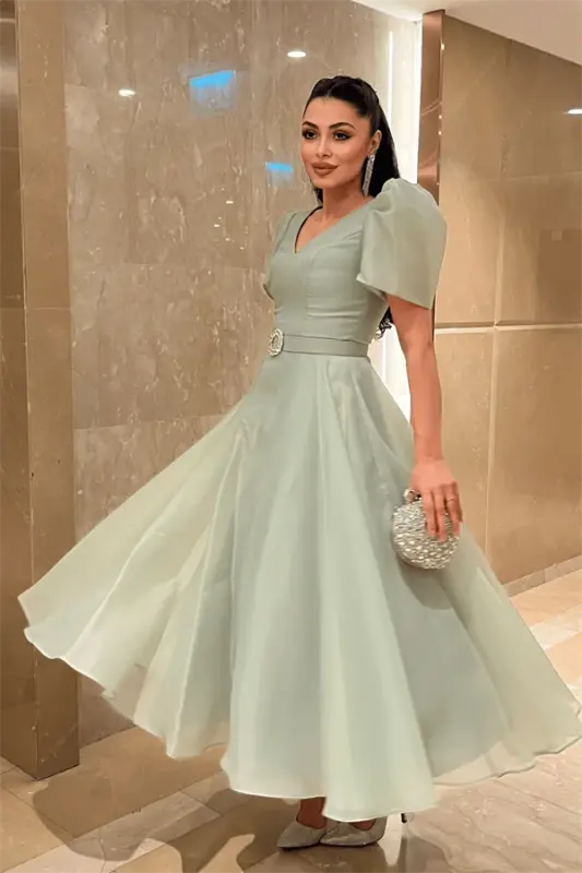 Organza Chiffon Fabric Short Sleeve Midi Dress - MINT GREEN - 3