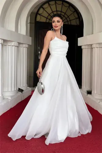 Organza Fabric Back String Design Dress - WHITE - BÜYÜKBEDENIZ (1)