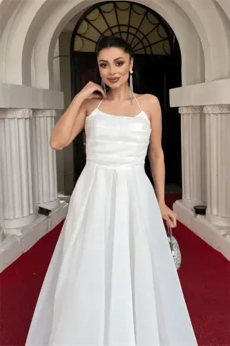 Organza Fabric Back String Design Dress - WHITE - 3