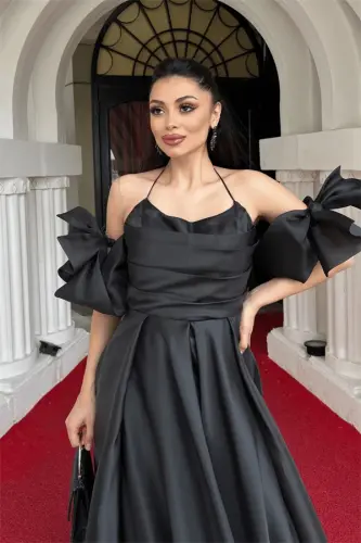 Organza Fabric Back Tie Design Dress - BLACK - 3