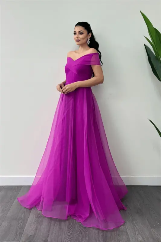 Organza Fabric Boat Neck Princess Dress - FUCHSIA - 2