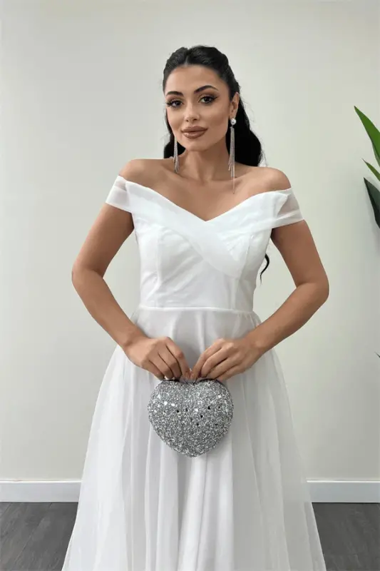 Organza Fabric Boat Neck Princess Dress - WHITE - 4