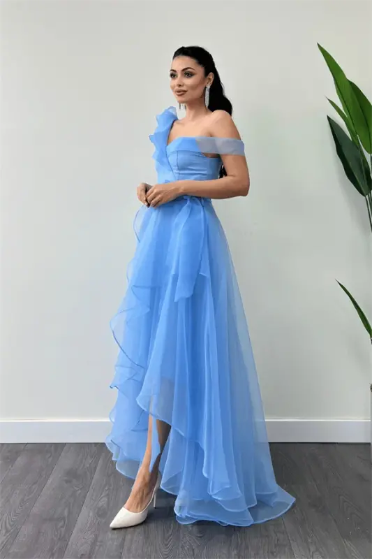 Organza Fabric Layered Evening Dress - BABY BLUE - BÜYÜKBEDENIZ