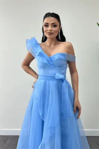 Organza Fabric Layered Evening Dress - BABY BLUE - 3