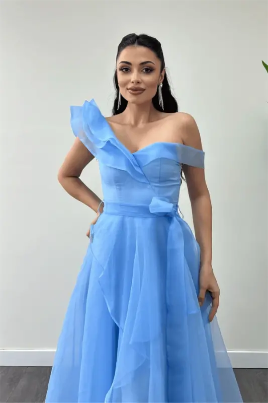 Organza Fabric Layered Evening Dress - BABY BLUE - 3