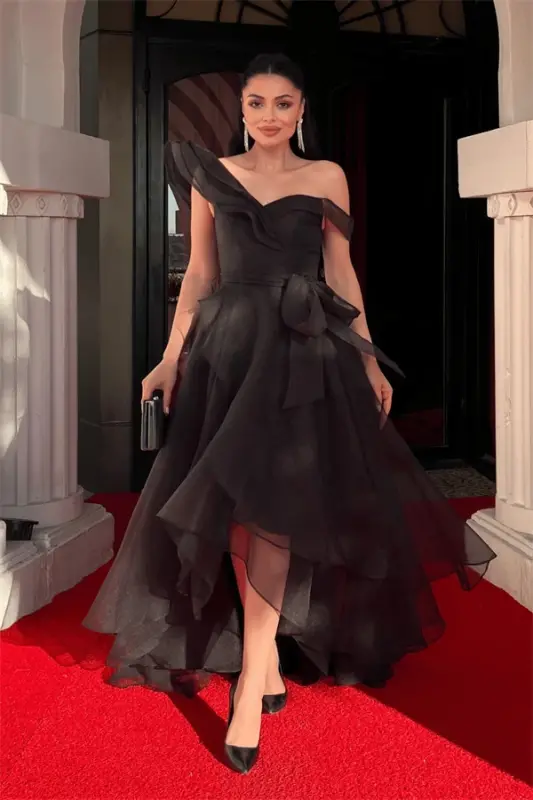 Organza Fabric Layered Evening Dress - BLACK - BÜYÜKBEDENIZ
