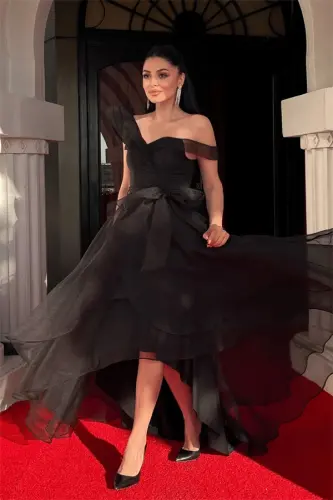 Organza Fabric Layered Evening Dress - BLACK - 2