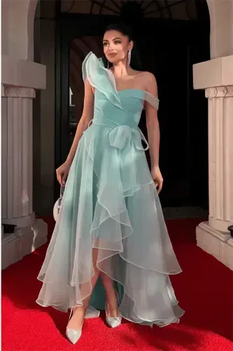 Organza Fabric Layered Evening Dress - MINT GREEN - 2
