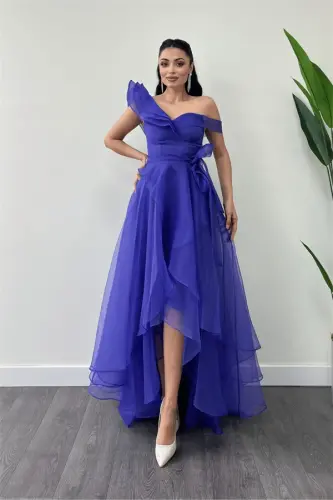 Organza Fabric Layered Evening Dress - PURPLE - 1