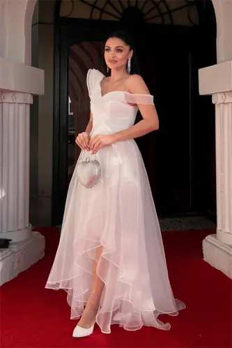 Organza Fabric Layered Evening Dress - WHITE - 1