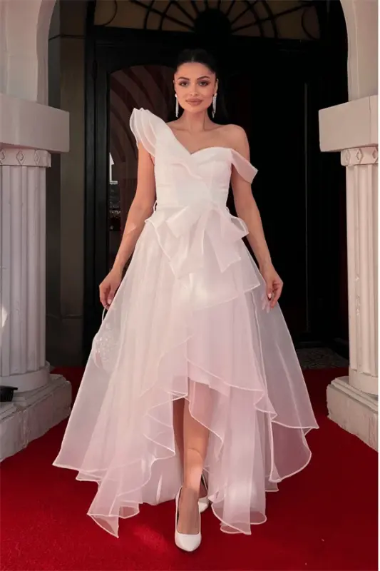 Organza Fabric Layered Evening Dress - WHITE - 2