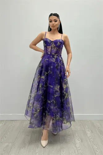 Organza Fabric Strap Midi Dress - PURPLE - 1