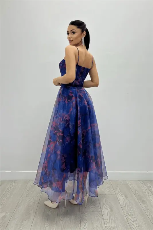 Organza Fabric Strappy Midi Dress - BLUE - 5