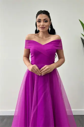 Organza Mato Kayiq Yoqali Malika Ko'ylak - FUCHSIA - 8