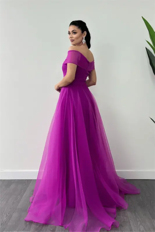 Organza Mato Kayiq Yoqali Malika Ko'ylak - FUCHSIA - 10