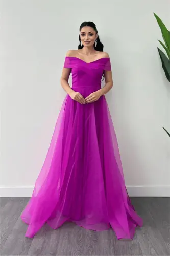 Organza Mato Kayiq Yoqali Malika Ko'ylak - FUCHSIA - 1
