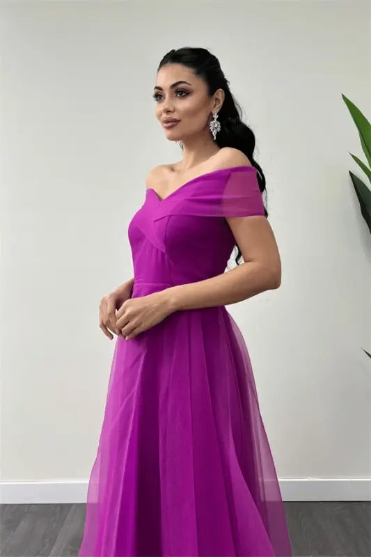 Organza Mato Kayiq Yoqali Malika Ko'ylak - FUCHSIA - 4