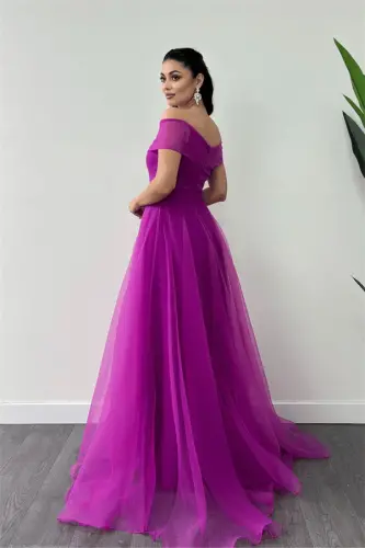 Organza Mato Kayiq Yoqali Malika Ko'ylak - FUCHSIA - 5