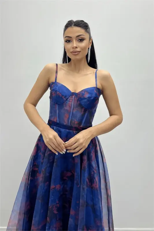 Organza matodan tikilgan osma midiy ko'ylak - Moviy - 3