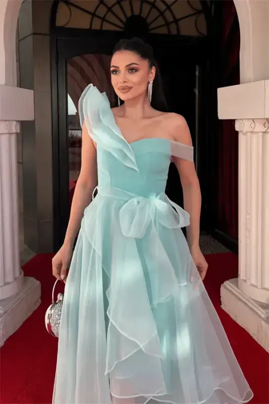 Organza matosidan qat-qat kechki libos - YALPIZ YASHIL - 3