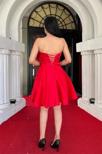 Organza Saten Mato Fiyonk Detalli Mini Ko'ylak - QIZIL - 5