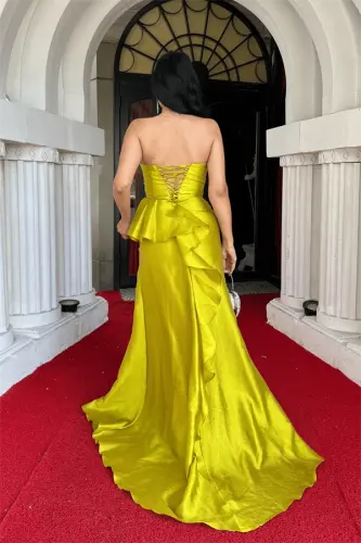 Organza Saten Mato Libos Orqa Ipli Kechki Libos - Pista Yashil - 5