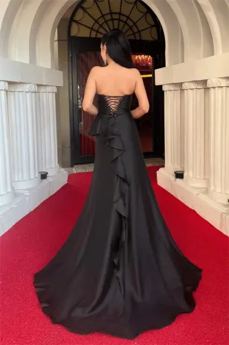 Organza Satin Fabric Back Lace-up Evening Dress - BLACK - 5