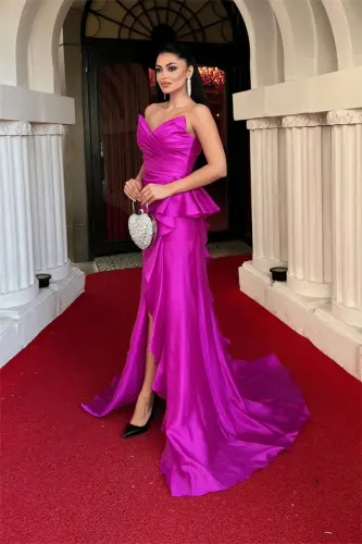 Organza Satin Fabric Back Lace-up Evening Dress - FUCHSIA - 2