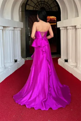 Organza Satin Fabric Back Lace-up Evening Dress - FUCHSIA - 5
