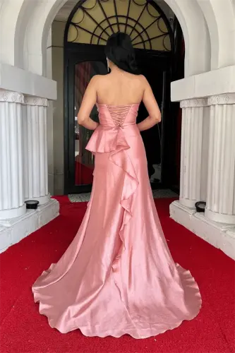 Organza Satin Fabric Back Lace-up Evening Dress - POWDER - 5