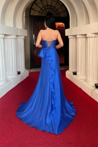 Organza Satin Fabric Back Lace-up Evening Dress - SAX BLUE - 5