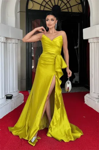 Organza Satin Fabric Back Tie Evening Dress - Pistachio Green - 2